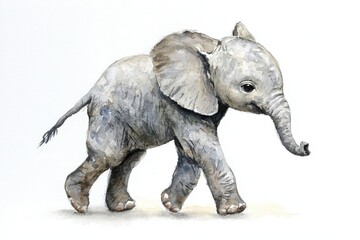 Fototapeta premium Cute Baby Elephant Walking on White Background Watercolor Art