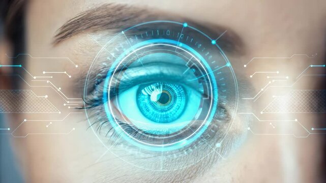 A close-up of a human eye enhanced with digital technology, featuring blue hues and futuristic graphics, symbolizing advanced vision and innovation.