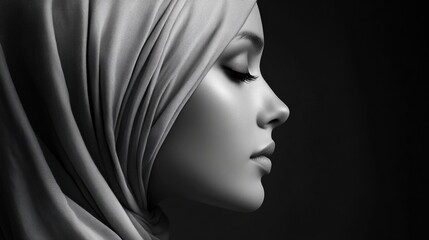 Fototapeta premium Profile of a woman in a headscarf, captured in dramatic black and white, evoking elegance and mystery.