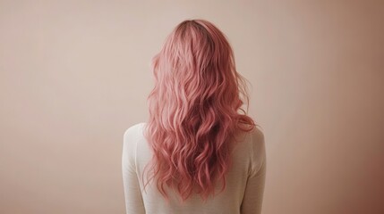 Fototapeta premium Caucasian young female with long wavy pink hair against neutral background