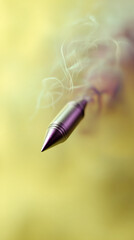 Metal bullet in flight, trailing smoke against a pale yellow background, representing speed, force, and impact