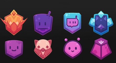 Game User Interface Icons: A collection of eight colorful and unique icons for a game user interface. These icons feature cute and quirky characters in a variety of poses and styles.