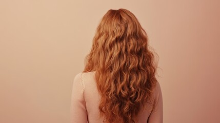 Fototapeta premium Young adult caucasian female with long wavy red hair from behind