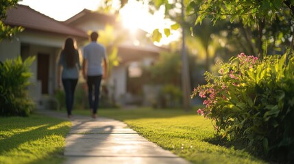 Professional real estate photography focusing on FOR SALE yard sign in clean simple frame, high resolution blurred house, people, couple, first time home buyers