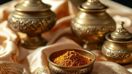 Golden Spice in Antique Brass Bowls on Silk - Powered by Adobe