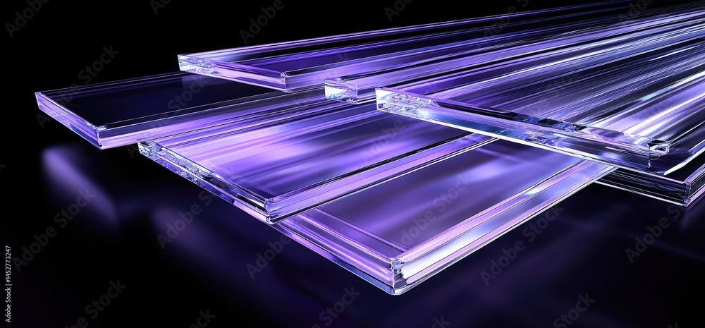 Poster purple glass plates stacked on black backdrop with reflection and sharp edges
