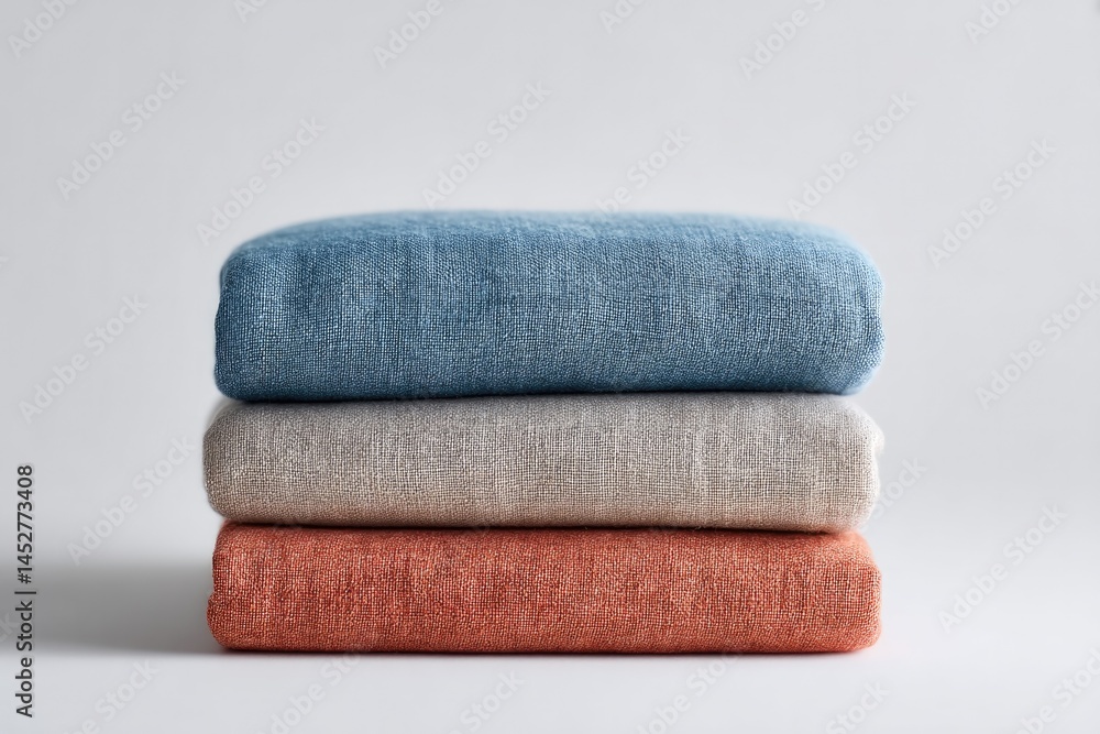 Poster neatly folded stack of various colored linens displayed against plain white background