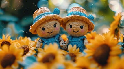 Fototapeta premium Handmade doll figures in sunflower field