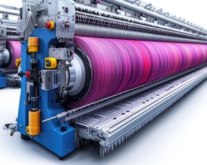 Modern textile machinery weaving vibrant threads in a bright factory setting