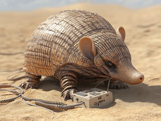 Obraz premium Armadillo interacting with an electrical device in a sandy desert setting during daylight hours