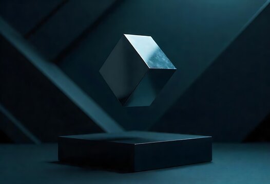 Generative AI Luminescent cube hovering above the pedestal in minimalist setting