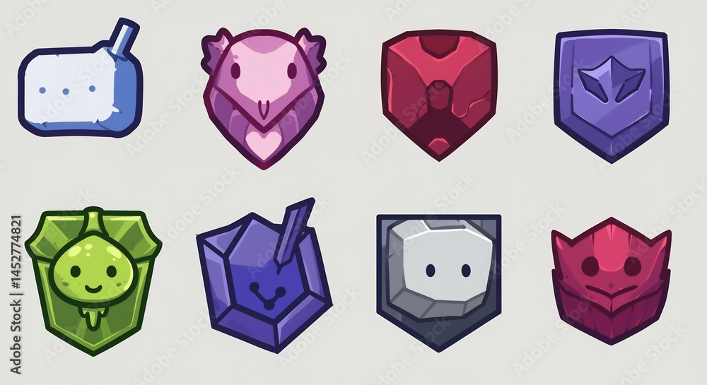 Aufkleber variety badges emblems: a series of eight unique badges emblems with whimsical designs. each badge f