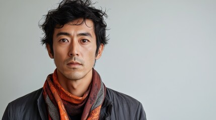 Obraz premium portrait of a Japanese man in his 30s wearing a foulard against a white background