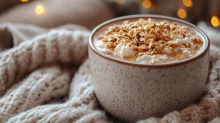 Cup of hot drink with topping on a knitted blanket holiday background.