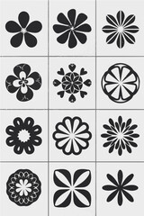 Stylized Floral Grid: Symmetrical Black and White Botanical Patterns