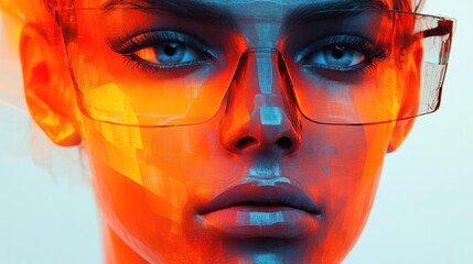 Close-up, futuristic woman, glasses, vibrant colors, abstract background