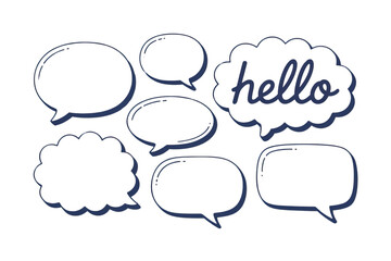 Multiple cartoon speech bubbles display hello in playful style on transparent background