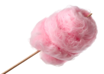 Fluffy pink cotton candy sweet confection on a stick isolated