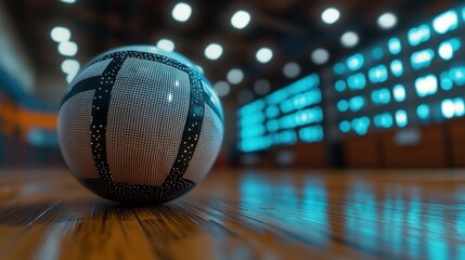 Indoor ball on wooden floor, spotlights
