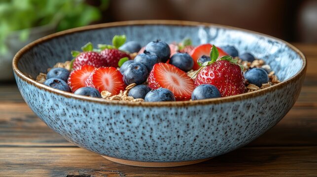Blue bowl of granola topped with fresh strawberries blueberries and mint on wood.