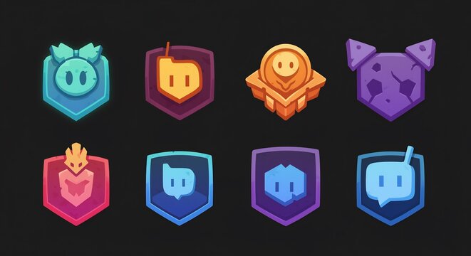 Unique Badges Array: A vibrant collection of stylized badges, each a unique emblem with distinctive shape. The overall composition is an artful showcase of design diversity.