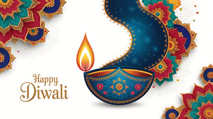 Happy Diwali Illustration Featuring Luxurious Deep Blue Gold Diya Lamp Glowing Flame Intricate Mandala Patterns Vibrant Red Blue Gold Tones on White Background for Festive Greeting Cards Invitations
