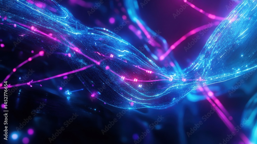 Poster the image showcases an abstract background featuring glowing blue lines and a network of interconnec