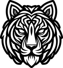 Tribal Tiger Head Icon. Bold and detailed black and white vector illustration of a stylized tiger head with tribal and ornamental patterns.  this graphic is ideal for tattoo designs, sports team logos