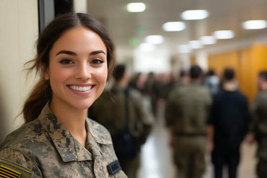 Smiling woman in military uniform stands in a hallway. A group of people dressed in military uniforms are in the background.