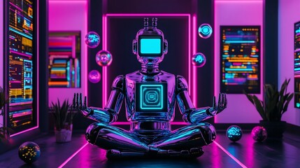 A chrome robot meditates in a vibrant, neon-lit room, surrounded by holographic data displays and floating orbs