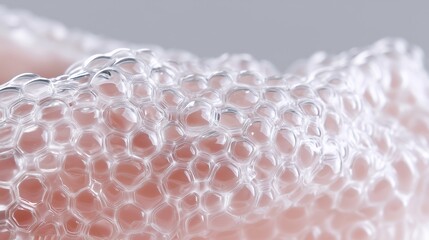 Macro view of transparent synthetic skin material with honeycomb texture, representing innovative biomedical engineering and advanced tissue design for human transplantation and wound healing.
