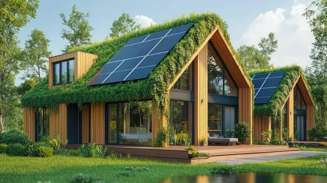 Modern eco-friendly urban complexes, modular smart houses with solar panels and greenery on the houses.