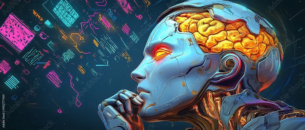 Aufkleber a contemplative robot with exposed, glowing brain, surrounded by digital data streams