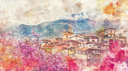 Serene Village Landscape with Blossoming Trees and Majestic Mountains