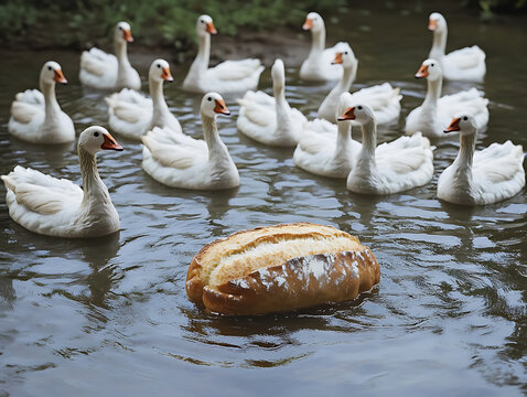 Ducks gather around a loaf of bread floating in calm water during a sunny afternoon in a natural setting