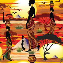African Beauty Silhouette with beautiful Wax Traditional Dress, on Amazing Savanna Sunset Vector Seamless Textile Pattern Design
