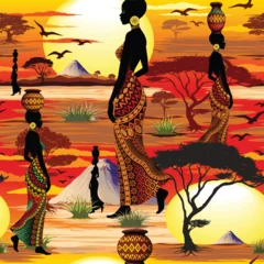 African Beauty Silhouette with beautiful Wax Traditional Dress, on Amazing Savanna Sunset Vector Seamless Textile Pattern Design 