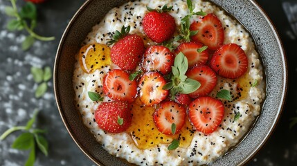 Bowl of oatmeal topped with fresh strawberries and mint leaves on dark surface.