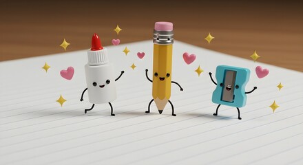 Happy stationery characters celebrating on a notebook page, happy school return    