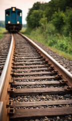 Obraz premium A train travels along the tracks near a dense forest, offering a scenic view of nature and industrial infrastructure coexisting