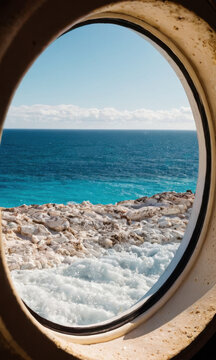 Fototapeta A serene ocean view seen through a circular window frame
