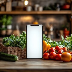 Smart phone with white screen and fresh vegetables on wooden kitchen table top