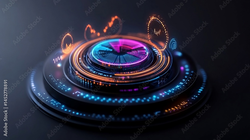 Aufkleber abstract data platform with glowing charts, graphs, and futuristic circular design