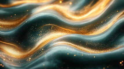 Abstract Liquid Waves, Gold Glitter, Dark Teal Background