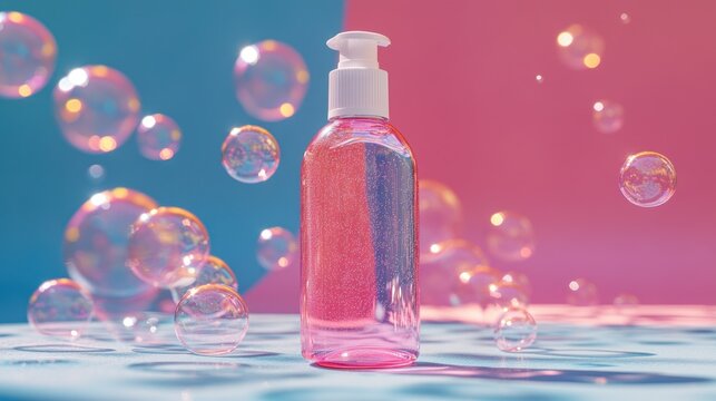 Pink hand sanitizer bottle, surrounded by bubbles
