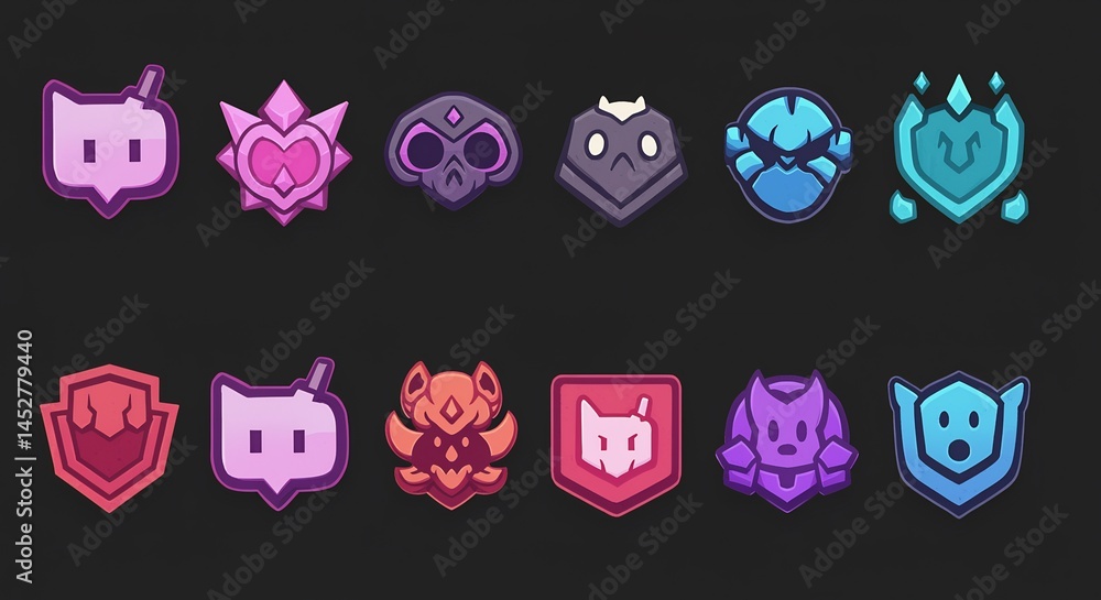 Poster badge collection: a series of meticulously crafted emblems, each with a unique design, arranged agai