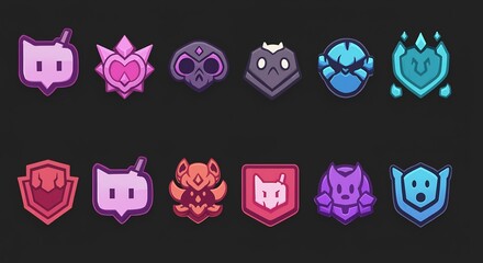 Badge Collection: A series of meticulously crafted emblems, each with a unique design, arranged against a dark background, and displaying a variety of vibrant colors and symbolic shapes.