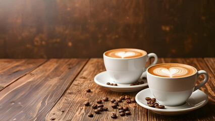 Latte Art Heart Coffee Cups on Wooden Table