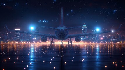Airplane on runway at night, city skyline backdrop