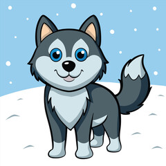 Cute cartoon husky standing in a snowy landscape